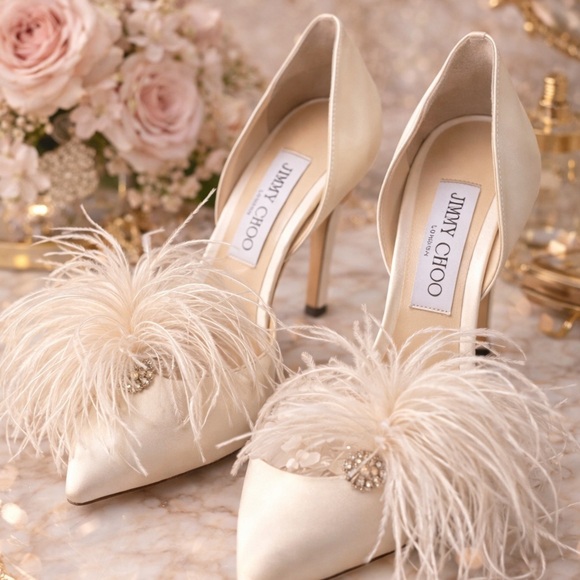 Jimmy Choo Shoes - Jimmy Choo Ivory Satin Feather Crystal Heels – Rare & Sold Out | Size 37.5